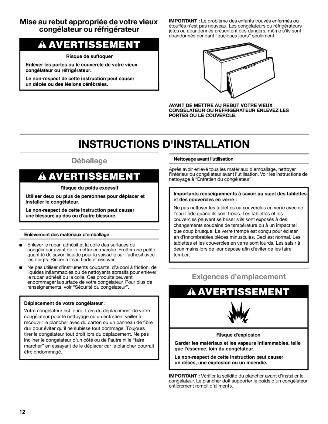 Amana amana manual Instructions Dinstallation, Déballage, Exigences d’emplacement, Nettoyage avant l’utilisation 