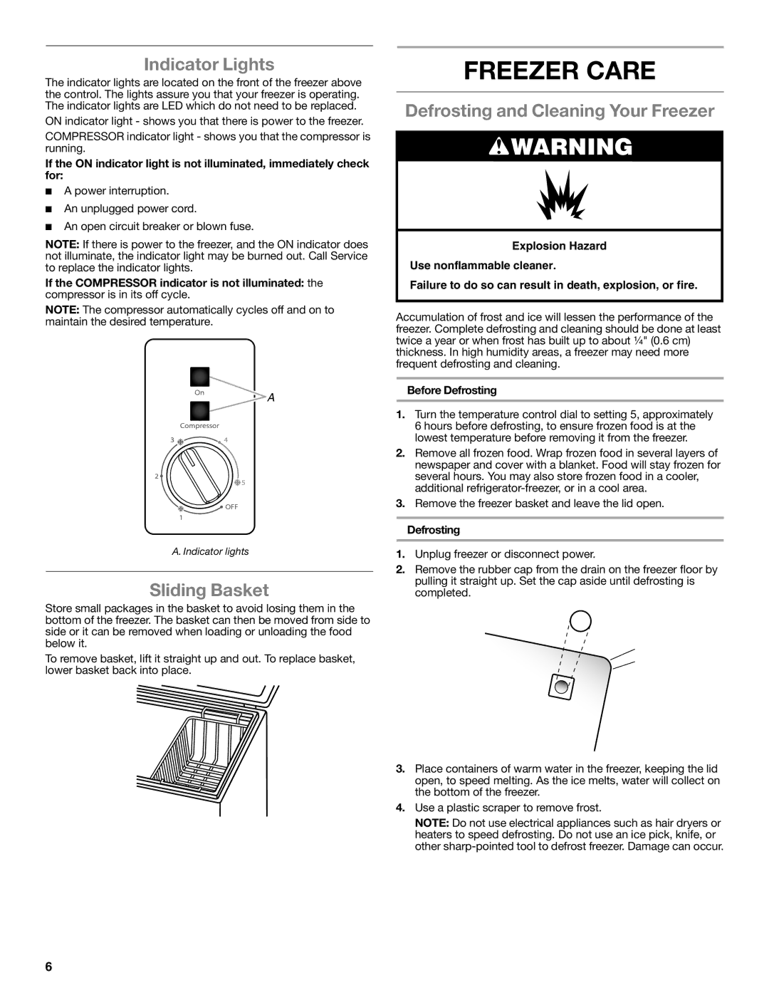 Amana amana manual Freezer Care, Indicator Lights, Sliding Basket, Defrosting and Cleaning Your Freezer 