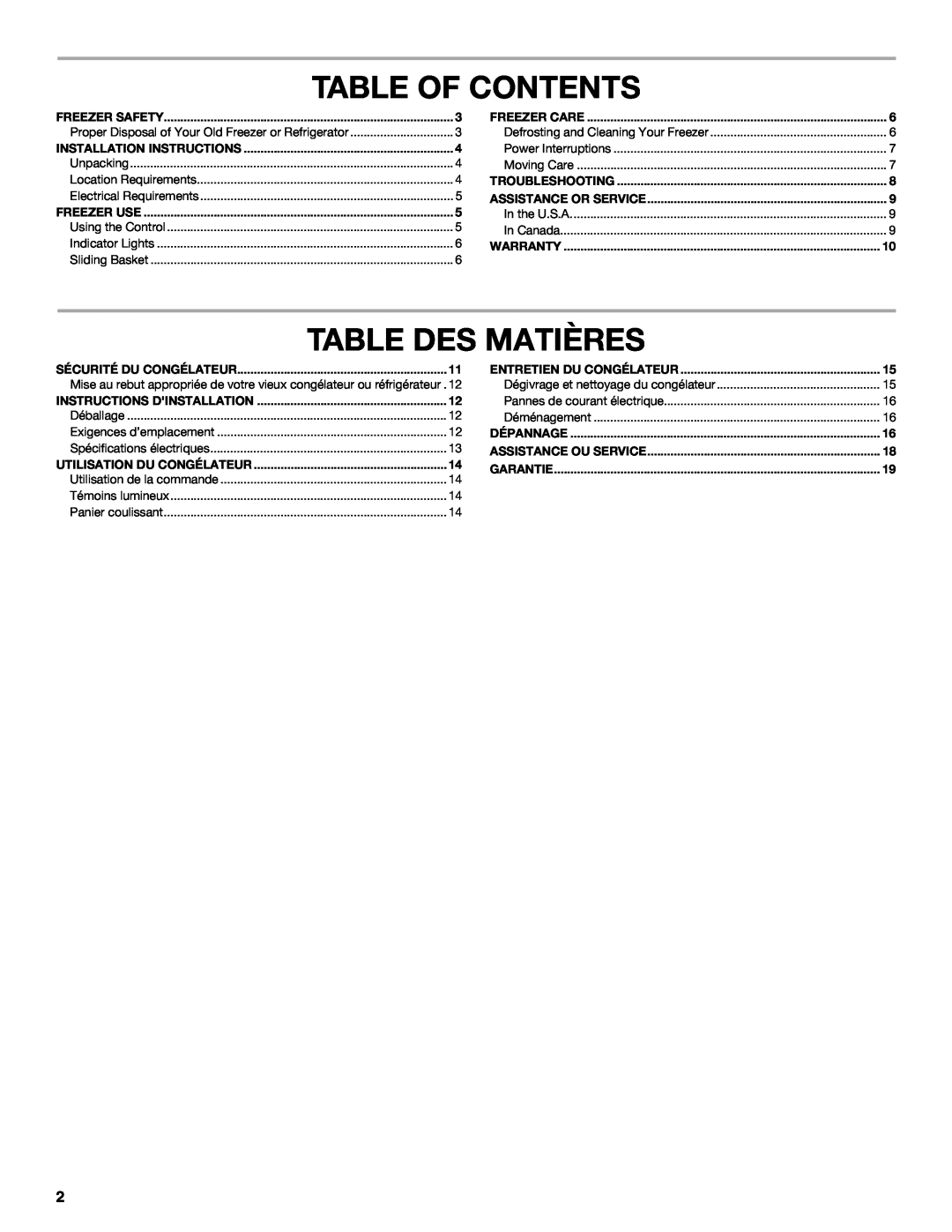 Amana amana manual Table Of Contents, Table Des Matières 