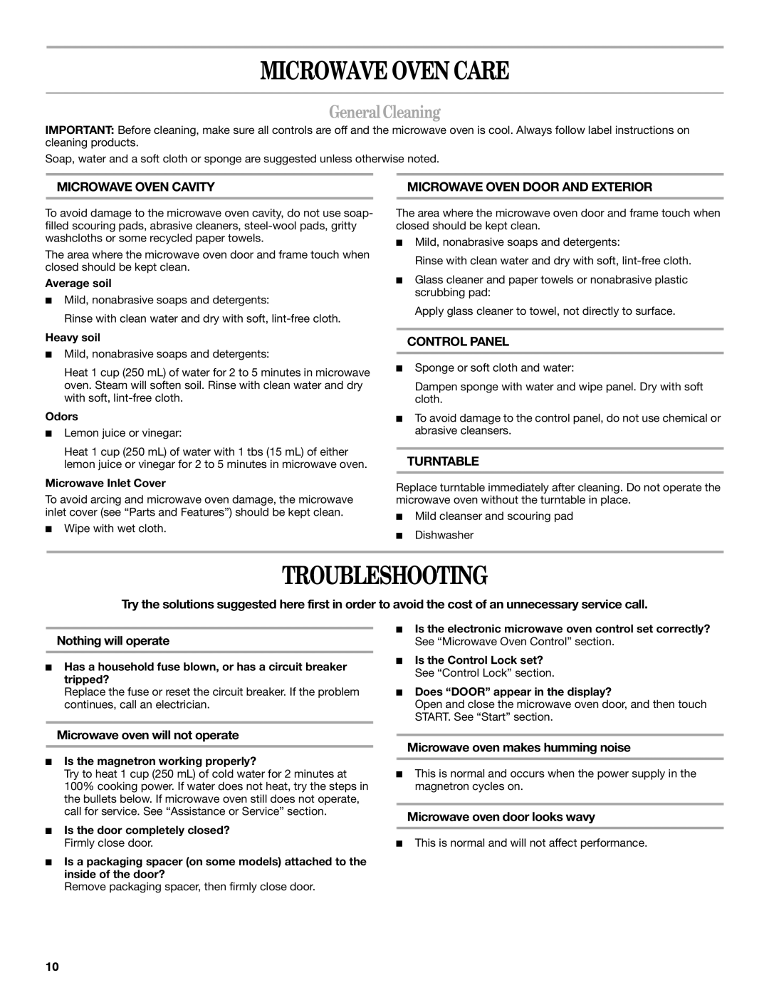 Amana AMC1070 manual Microwave Oven Care, Troubleshooting, GeneralCleaning 