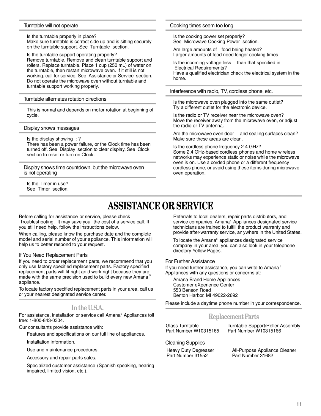 Amana AMC1070 manual Assistance Orservice, IntheU.S.A, ReplacementParts 