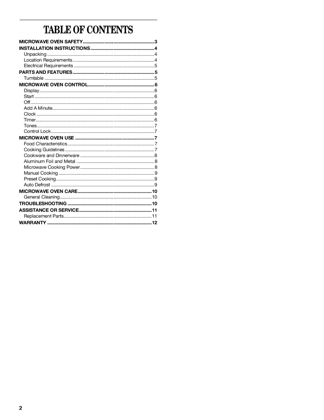 Amana AMC1070 manual Table of Contents 