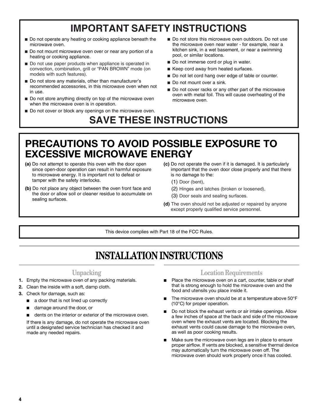 Amana AMC1070 manual Installation Instructions, Unpacking, LocationRequirements 