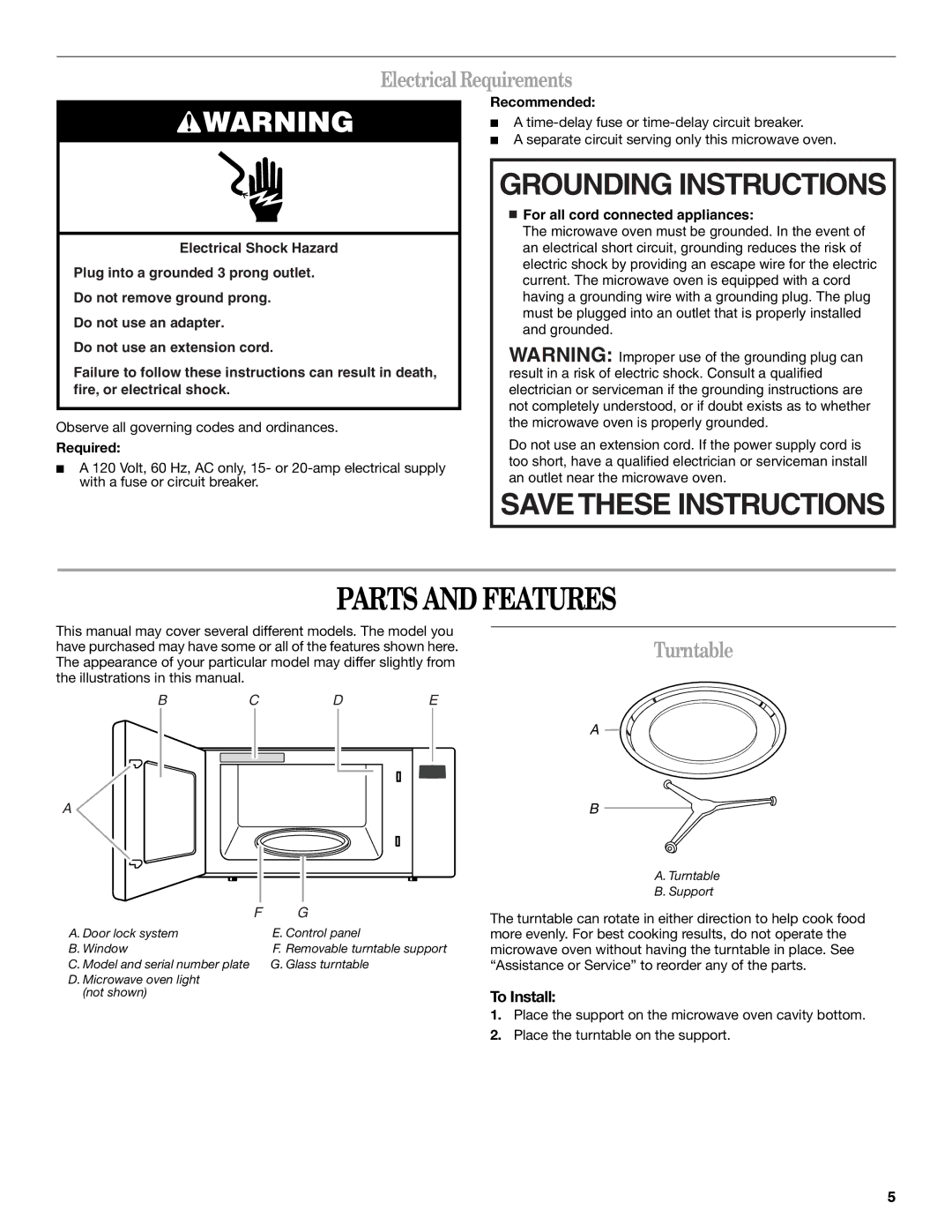 Amana AMC1070 manual Parts and Features, ElectricalRequirements, Turntable, To Install 