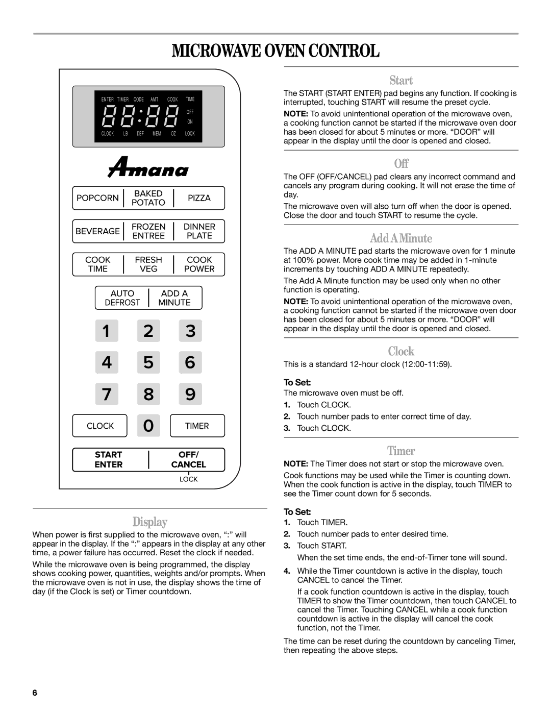 Amana AMC1070 manual Microwave Oven Control 