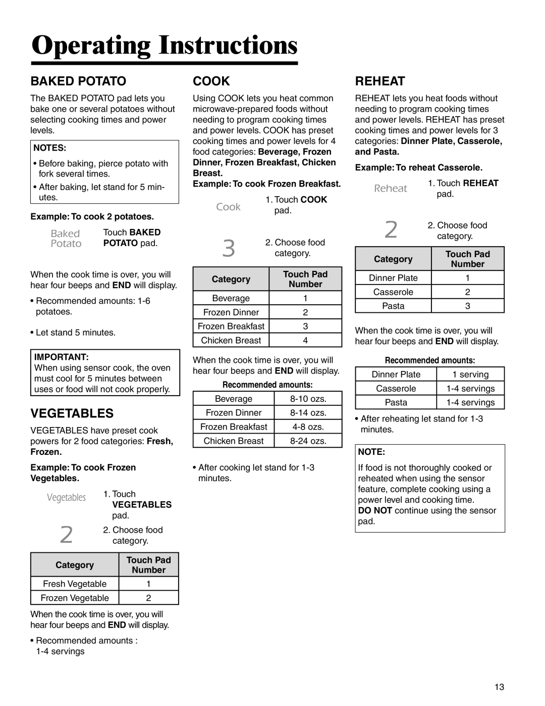 Amana AMC2206BA important safety instructions Baked Potato, Vegetables, Cook, Reheat 