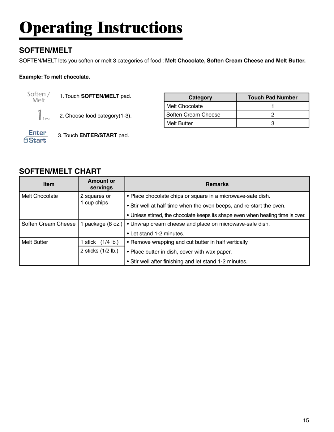 Amana AMC2206BA Soften/Melt, SOFTEN/MELT Chart, Example To melt chocolate, Amount or Remarks Servings 