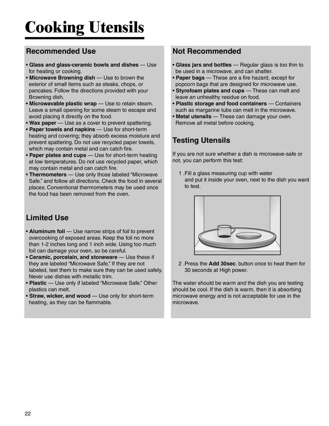 Amana AMC2206BA Cooking Utensils, Recommended Use, Limited Use, Not Recommended, Testing Utensils 