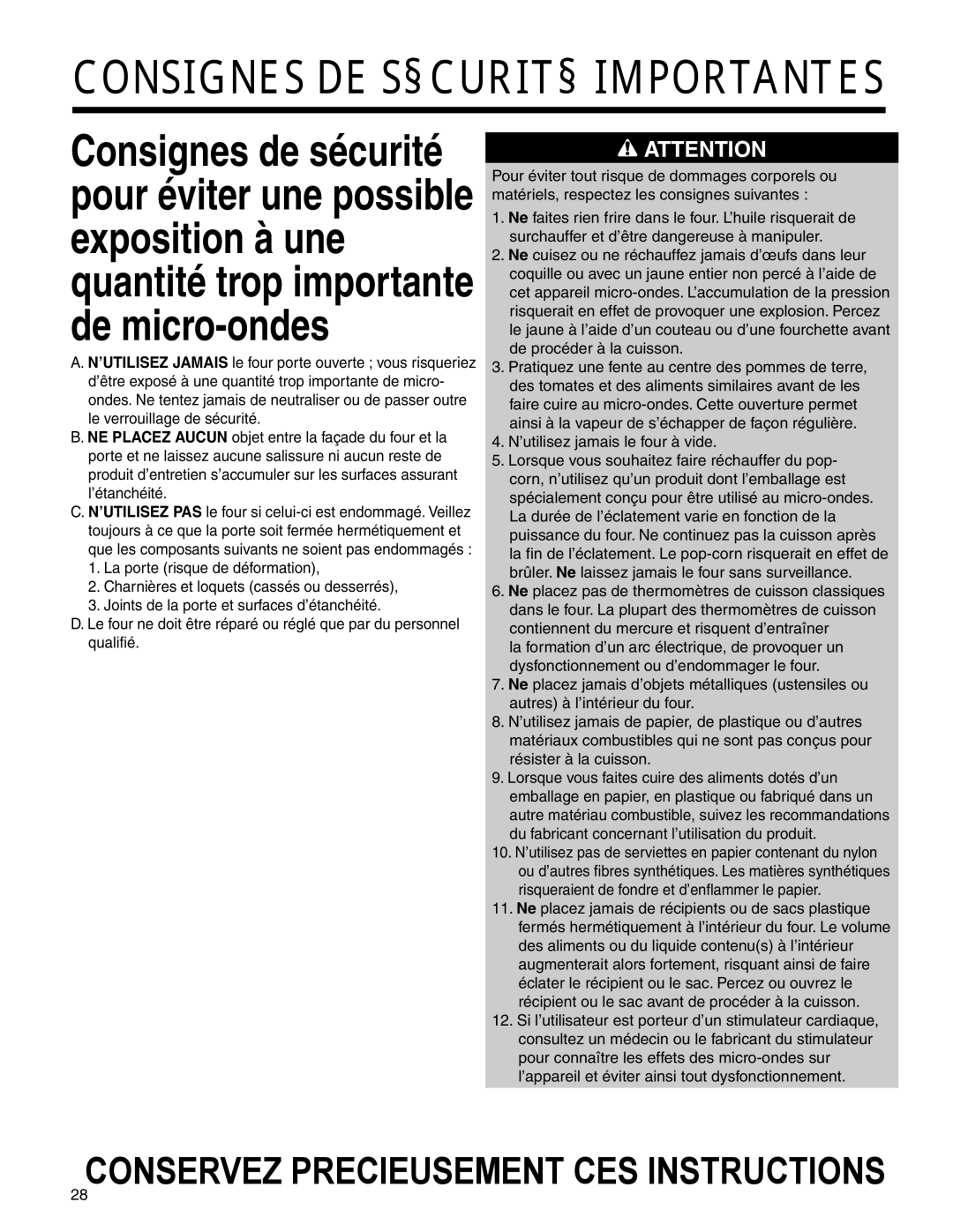 Amana AMC2206BA important safety instructions Consignes DE Sécurité Importantes 