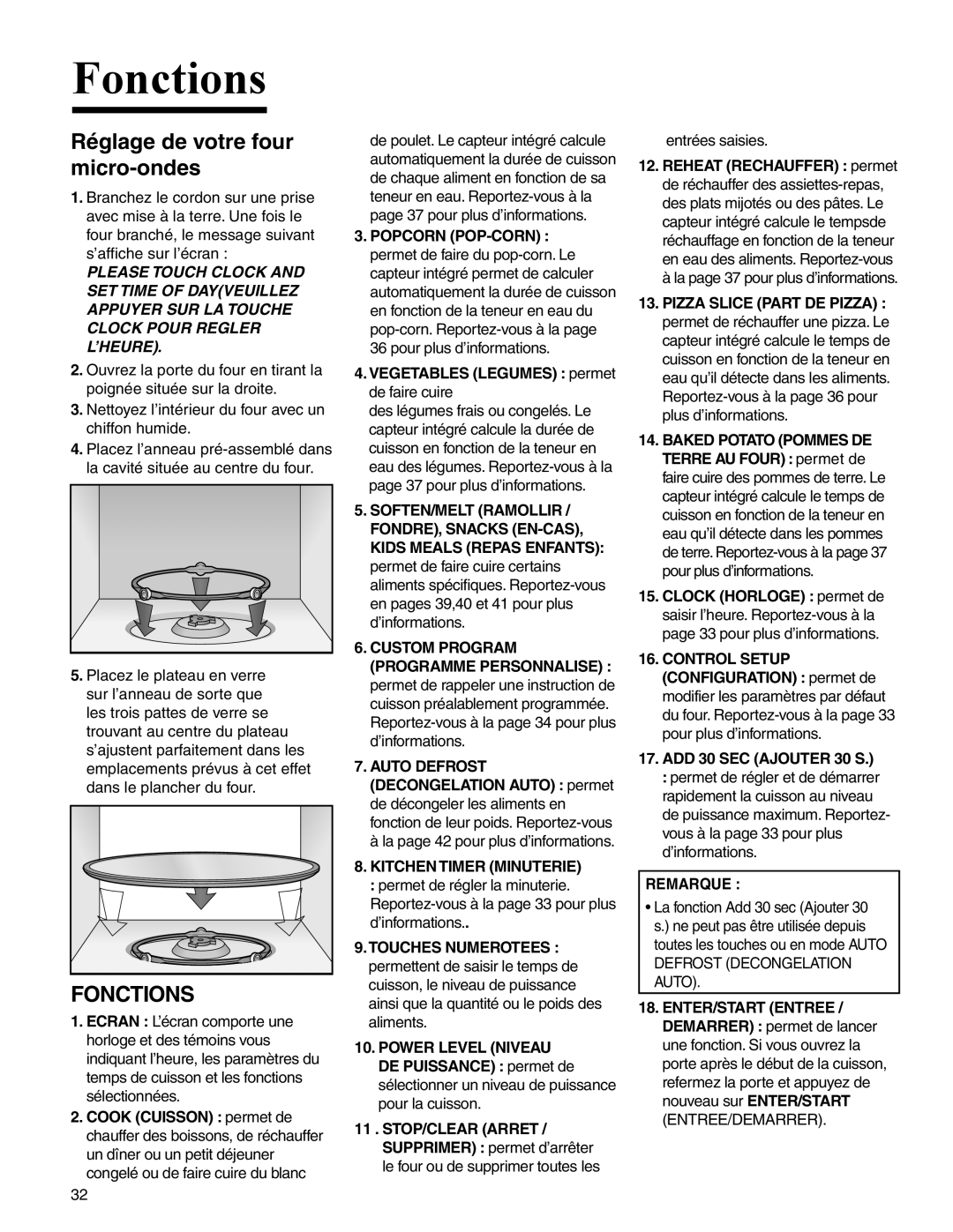 Amana AMC2206BA Réglage de votre four micro-ondes, Fonctions, SOFTEN/MELT Ramollir / FONDRE, Snacks EN-CAS, Remarque 