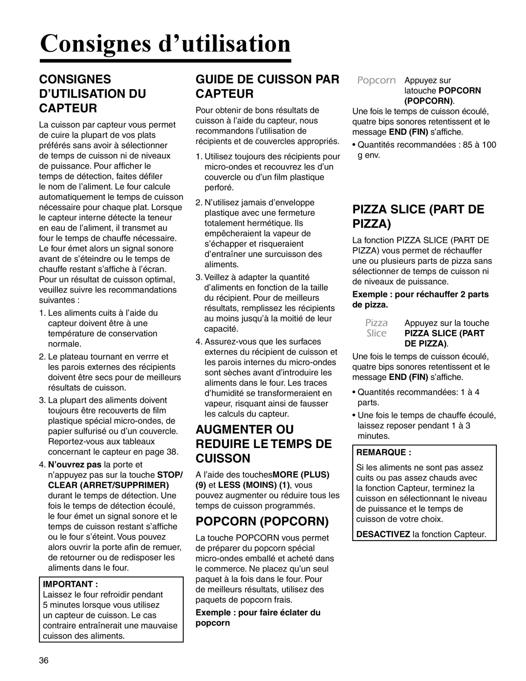 Amana AMC2206BA Consignes ’UTILISATION DU Capteur, Guide DE Cuisson PAR Capteur, Augmenter OU Reduire LE Temps DE Cuisson 