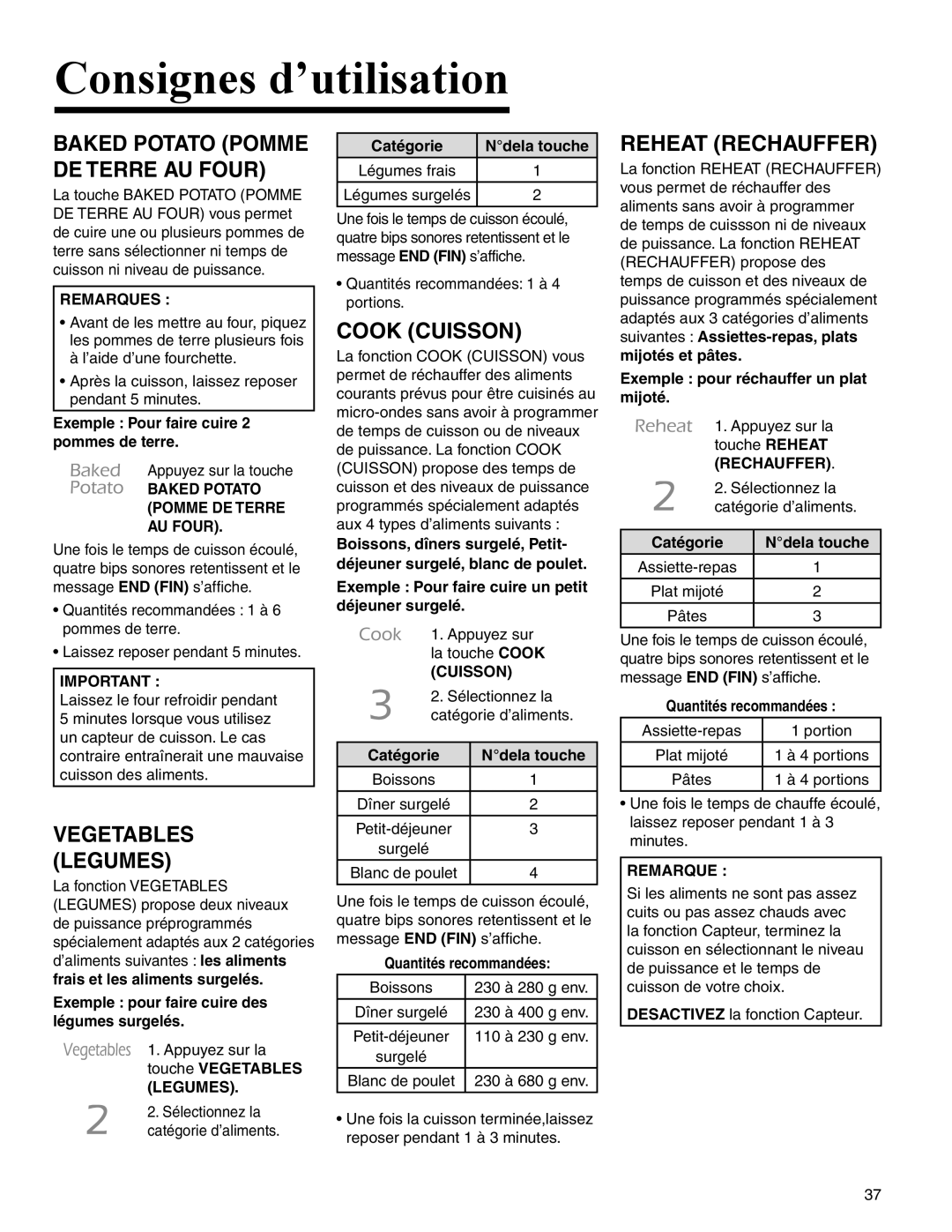 Amana AMC2206BA Cook Cuisson, Reheat Rechauffer, Vegetables Legumes, Remarques, Baked Potato Pomme DE Terre AU Four 