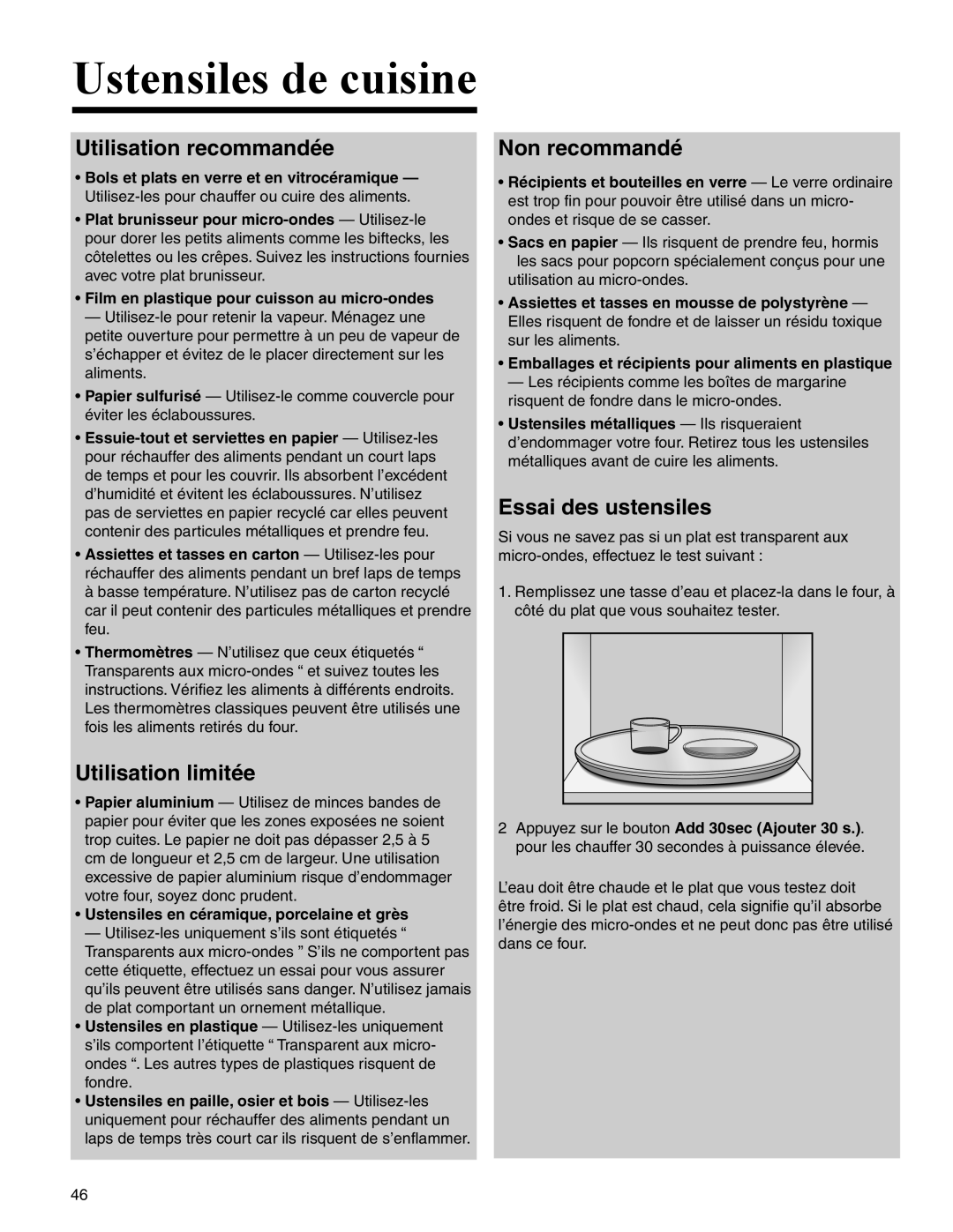 Amana AMC2206BA Utilisation recommandée, Utilisation limitée, Non recommandé, Essai des ustensiles 