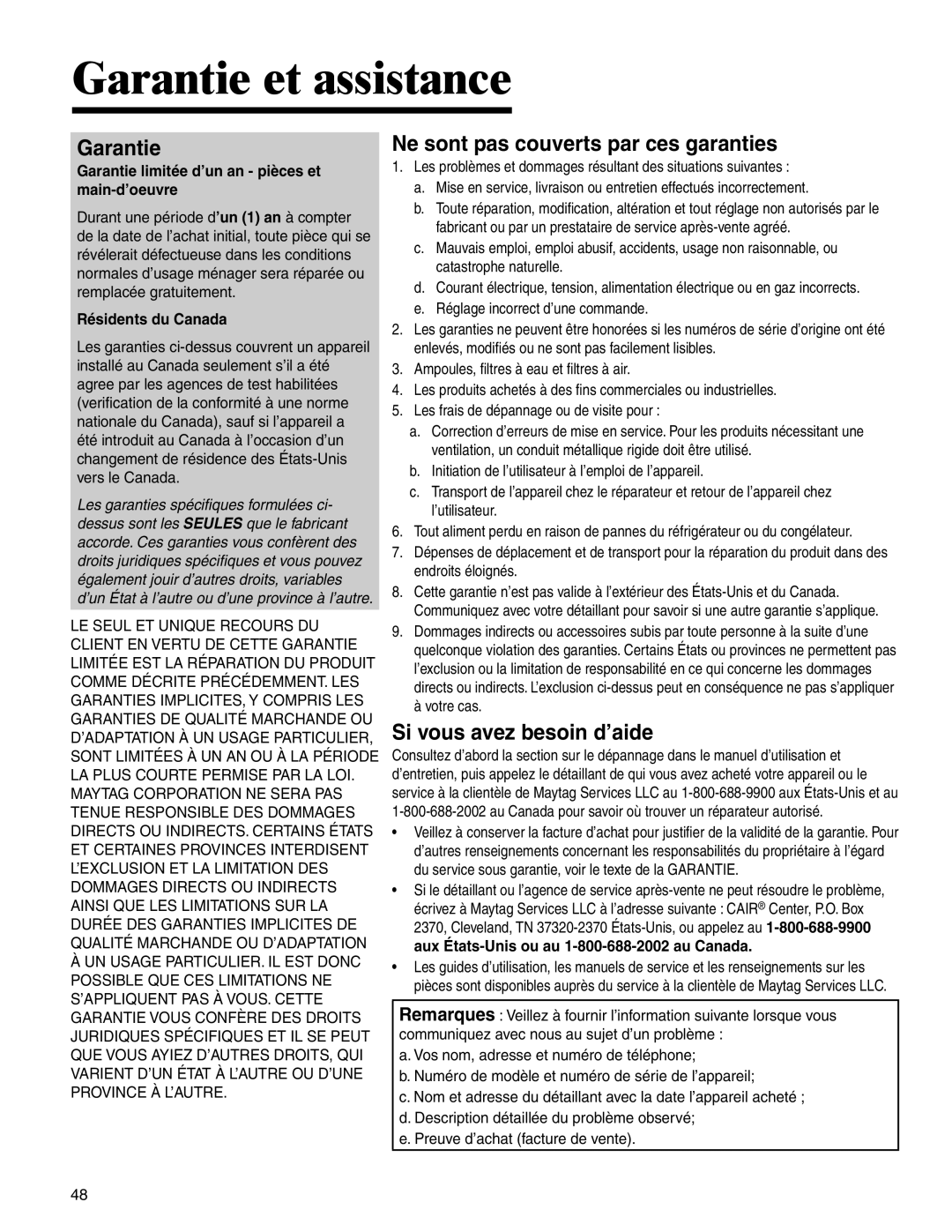 Amana AMC2206BA Garantie et assistance, Ne sont pas couverts par ces garanties, Si vous avez besoin d’aide 