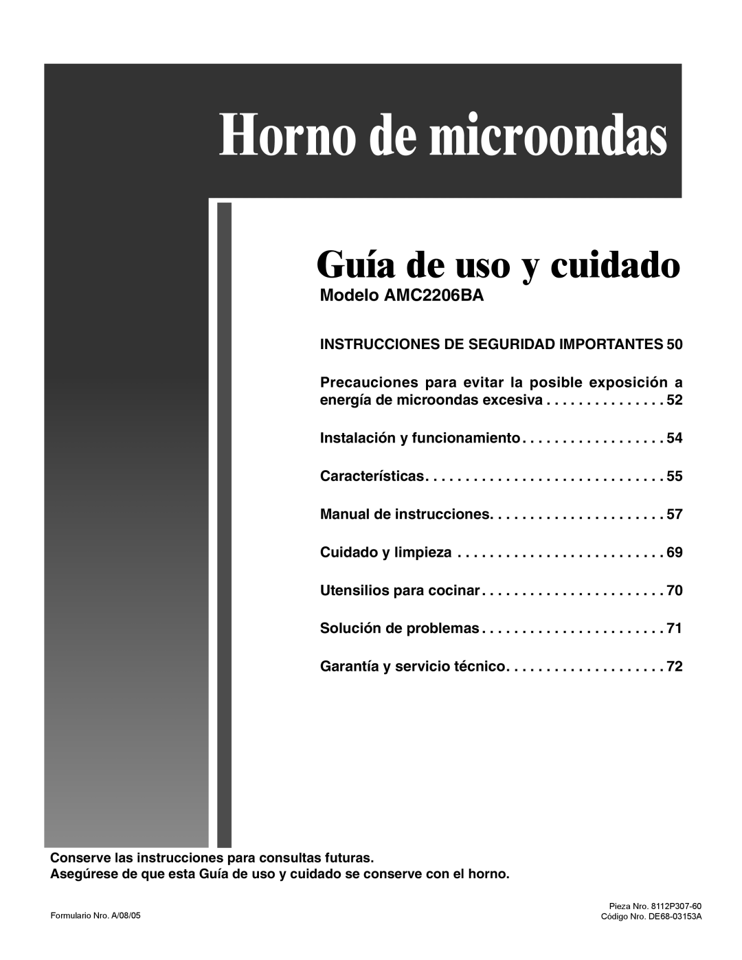 Amana important safety instructions Horno de microondas, Modelo AMC2206BA 