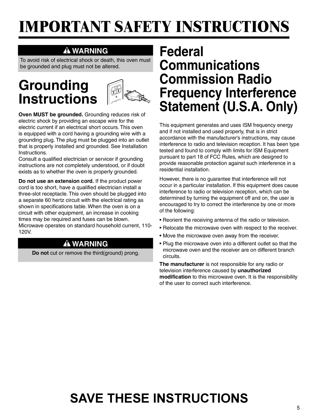 Amana AMC2206BA important safety instructions Grounding Instructions 