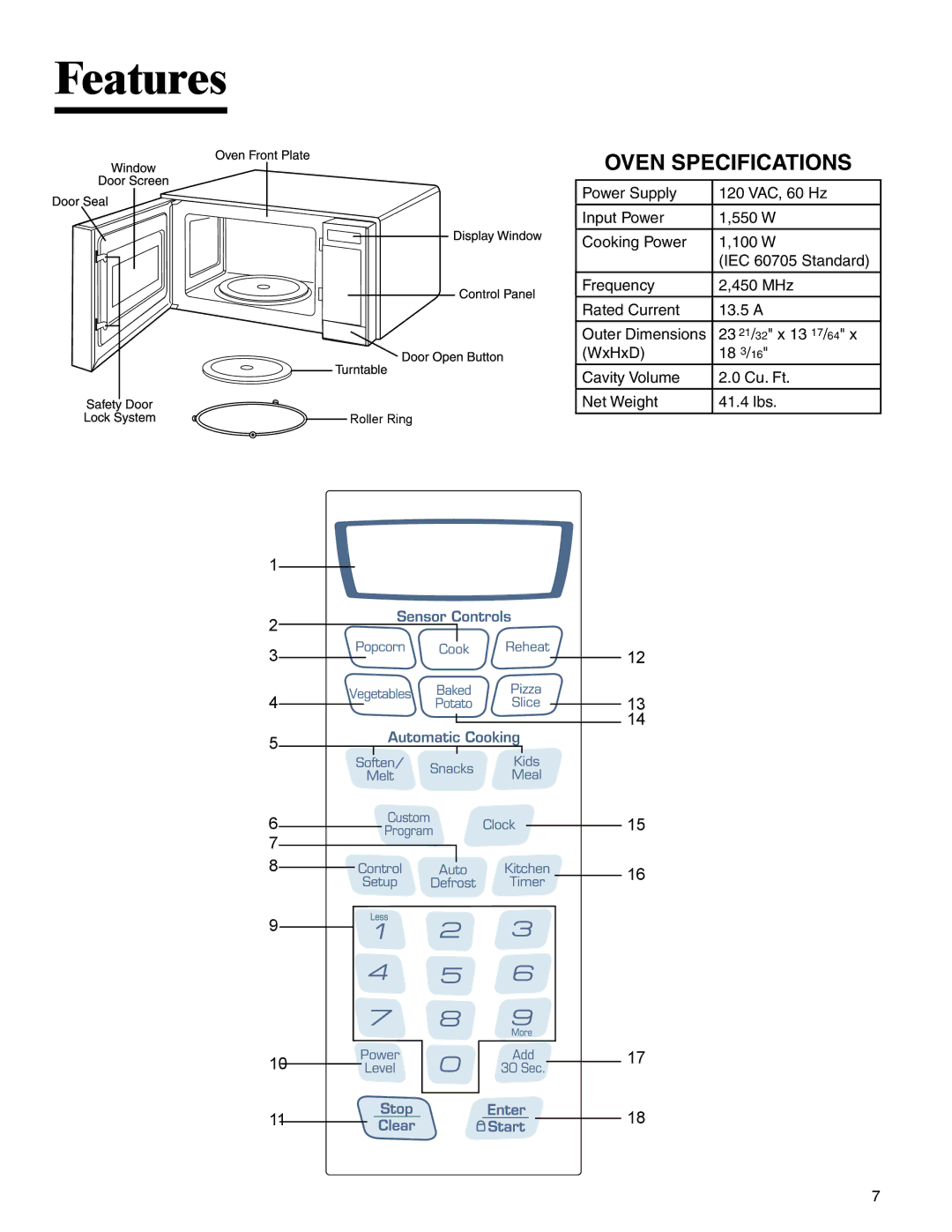 Amana AMC2206BA important safety instructions Features, Oven Specifications 