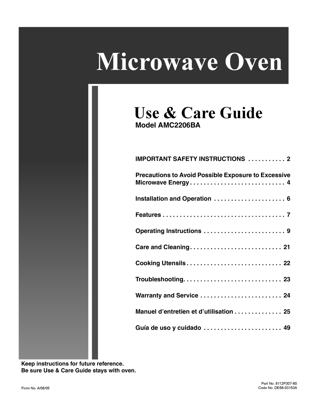 Amana important safety instructions Microwave Oven, Model AMC2206BA, Important Safety Instructions, Use & Care Guide 
