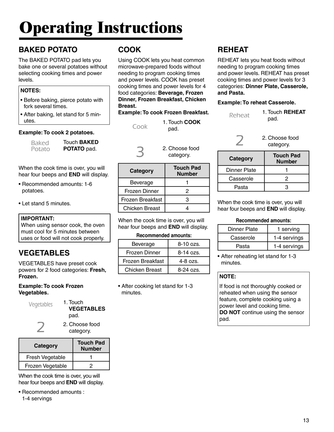 Amana AMC2206BA important safety instructions Baked Potato, Vegetables, Cook, Reheat, Operating Instructions 