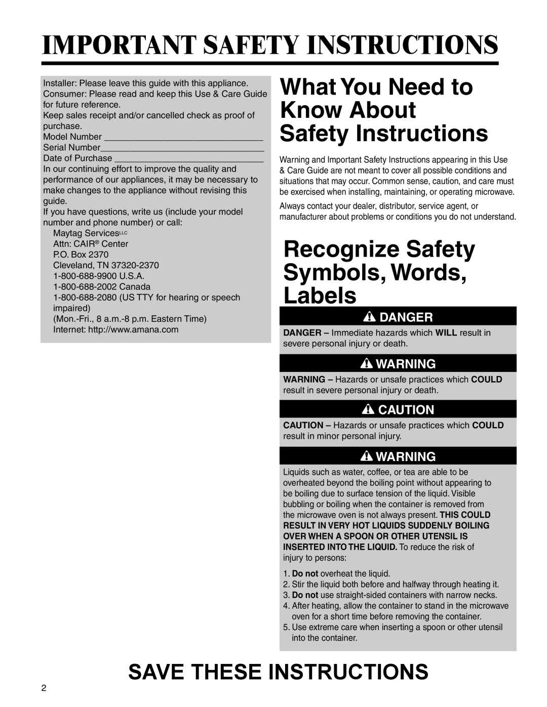 Amana AMC2206BA Important Safety Instructions, What You Need to Know About Safety Instructions, Save These Instructions 
