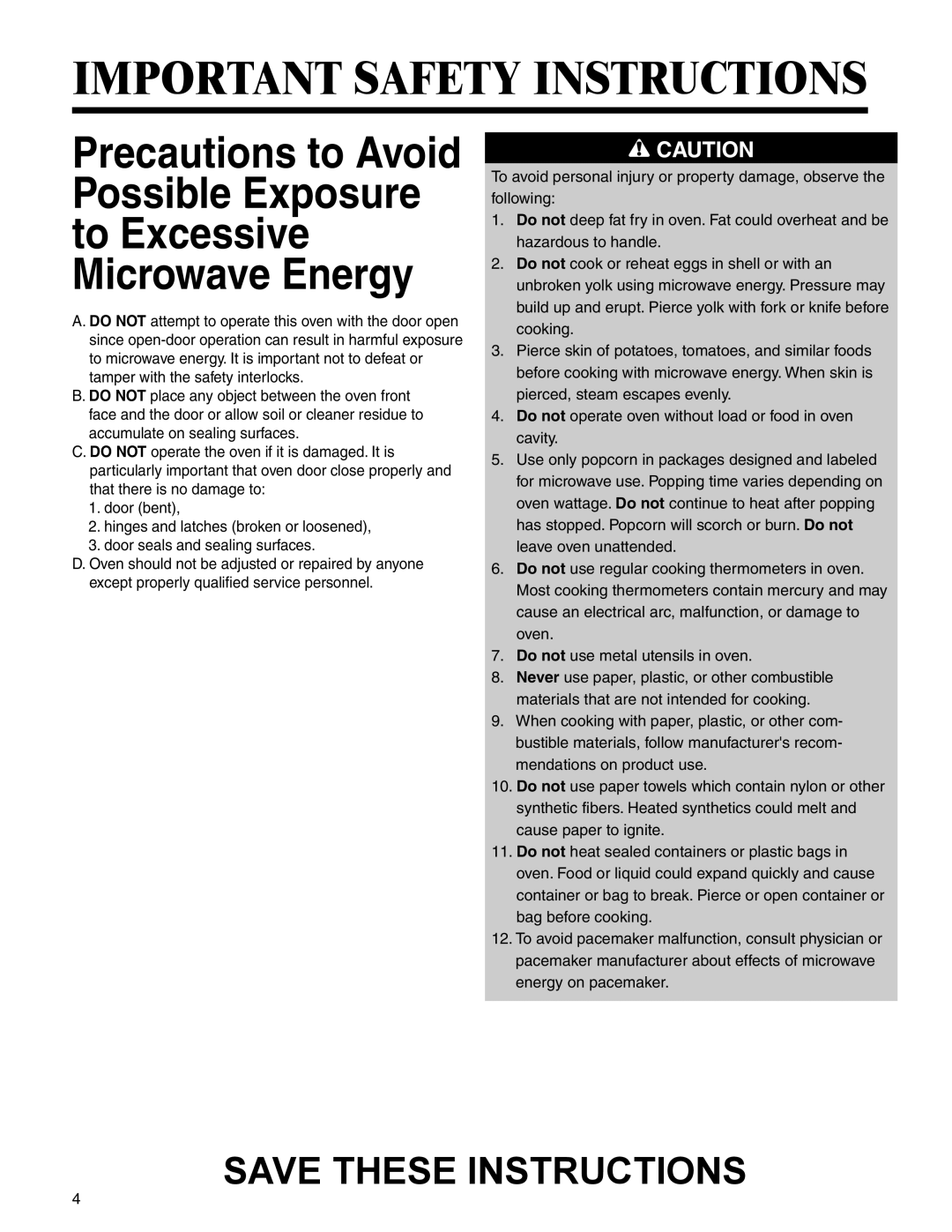 Amana AMC2206BA Important Safety Instructions, Precautions to Avoid Possible Exposure to Excessive Microwave Energy 