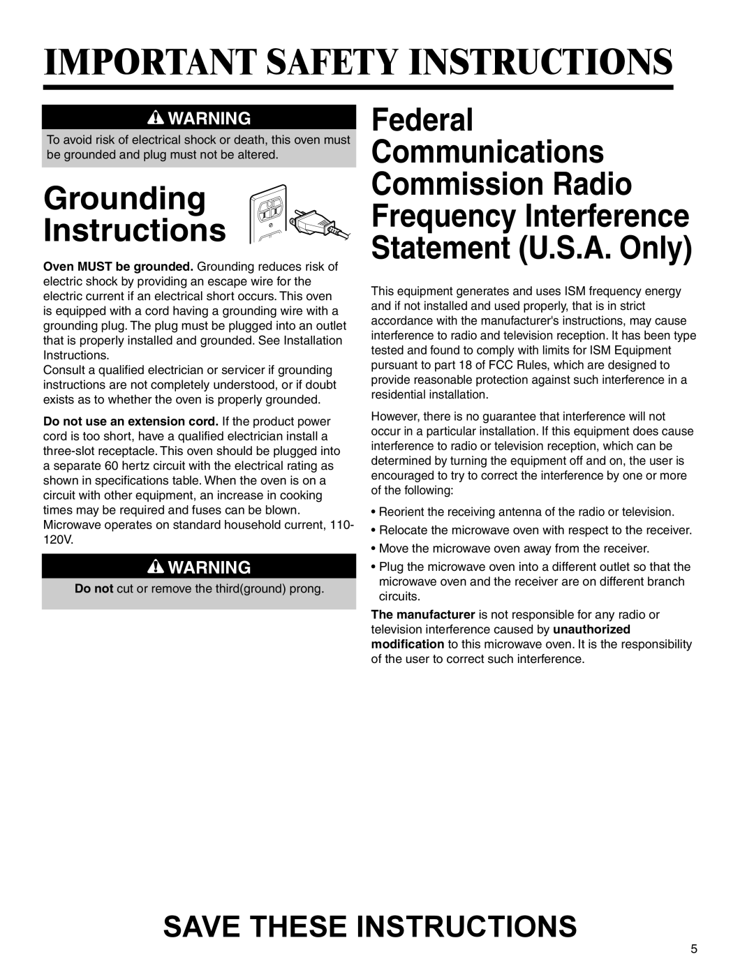Amana AMC2206BA Grounding Instructions, Federal Communications Commission Radio Frequency Interference 