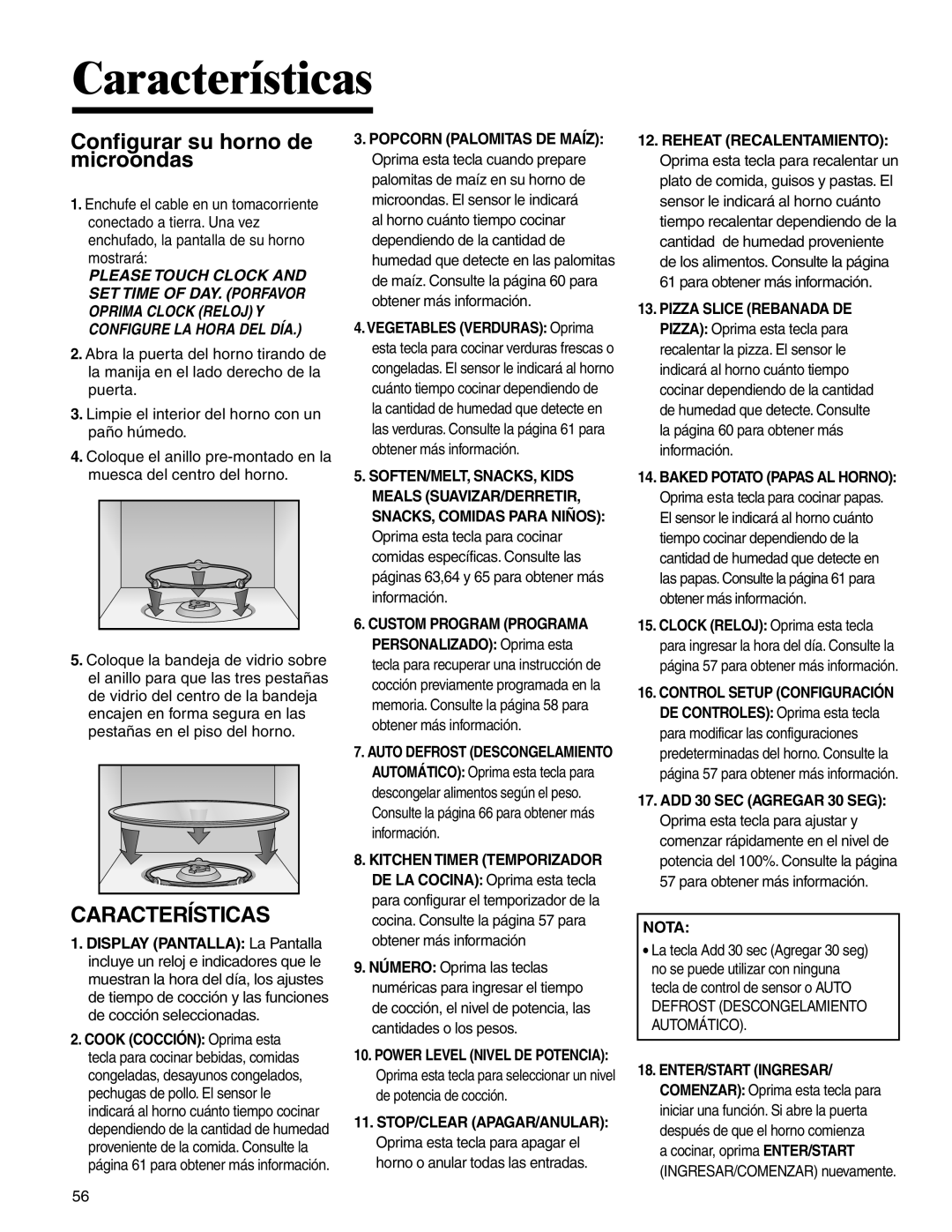 Amana AMC2206BA important safety instructions Configurar su horno de microondas, Características 