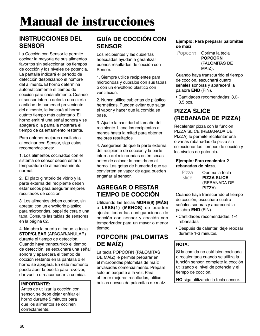 Amana AMC2206BA Instrucciones Del Sensor, Guía De Cocción Con Sensor, Popcorn Palomitas De Maíz, Manual de instrucciones 