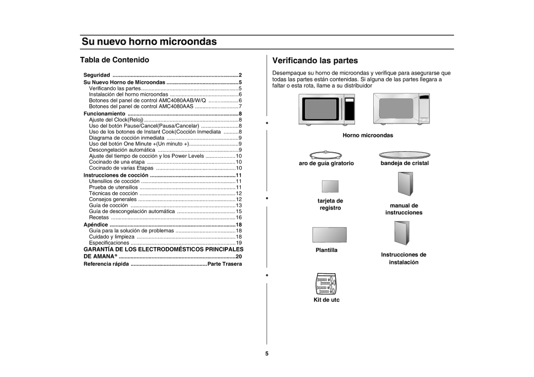 Amana AMC4080AAW, AMC4080AAQ, W10177943 owner manual Su nuevo horno microondas, Verificando las partes, Tabla de Contenido 