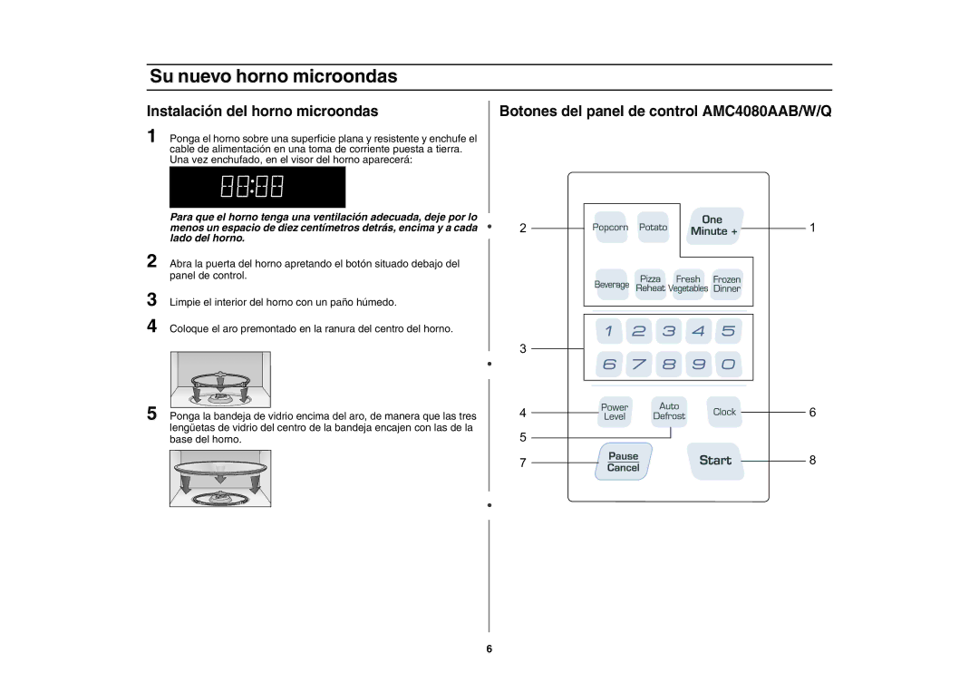 Amana AMC4080AAQ, AMC4080AAW, W10177943 Instalación del horno microondas, Botones del panel de control AMC4080AAB/W/Q 