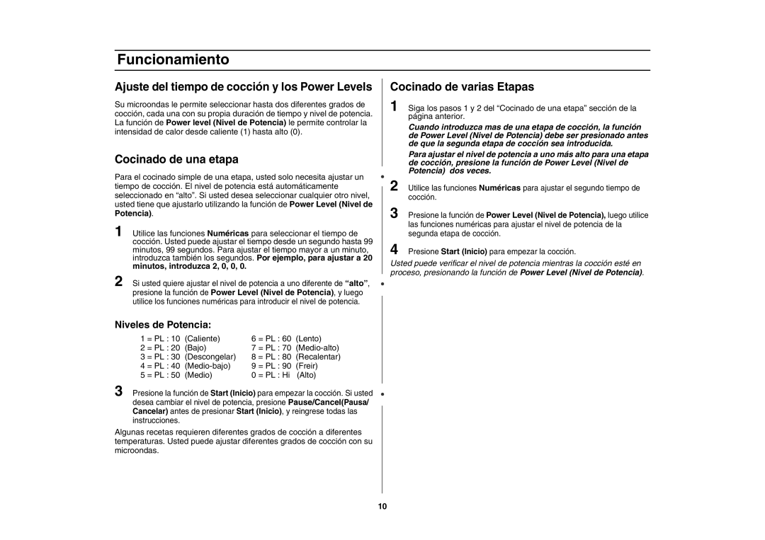 Amana W10177943 Ajuste del tiempo de cocción y los Power Levels, Cocinado de una etapa, Cocinado de varias Etapas 