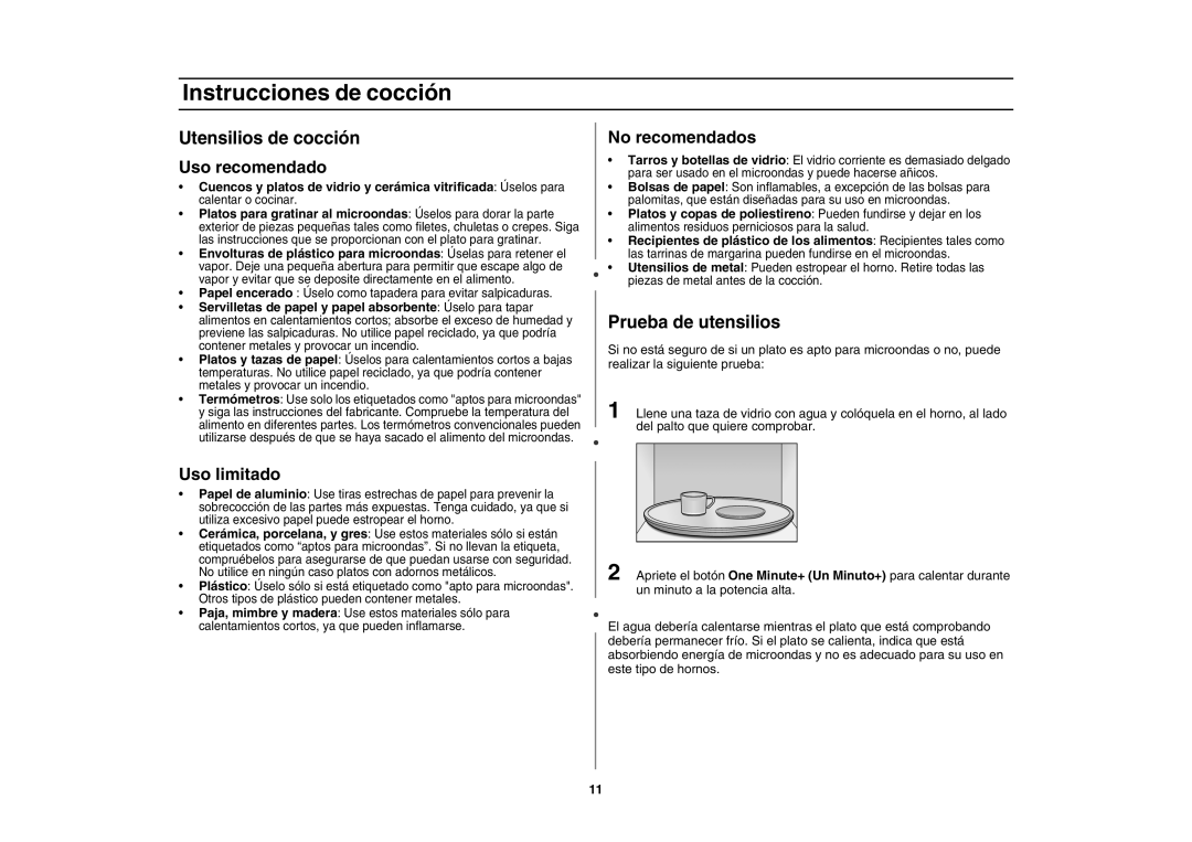 Amana AMC4080AAW, AMC4080AAQ, W10177943 owner manual Instrucciones de cocción, Utensilios de cocción, Prueba de utensilios 