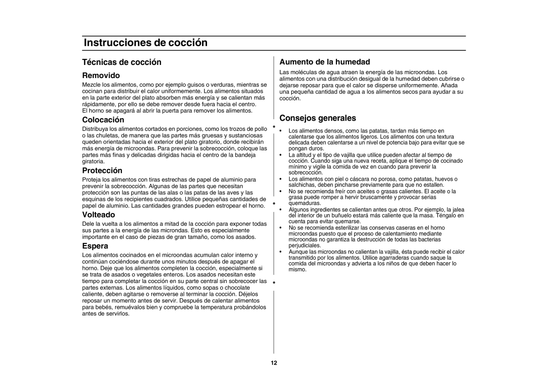 Amana AMC4080AAQ, AMC4080AAW, W10177943 owner manual Técnicas de cocción, Consejos generales 