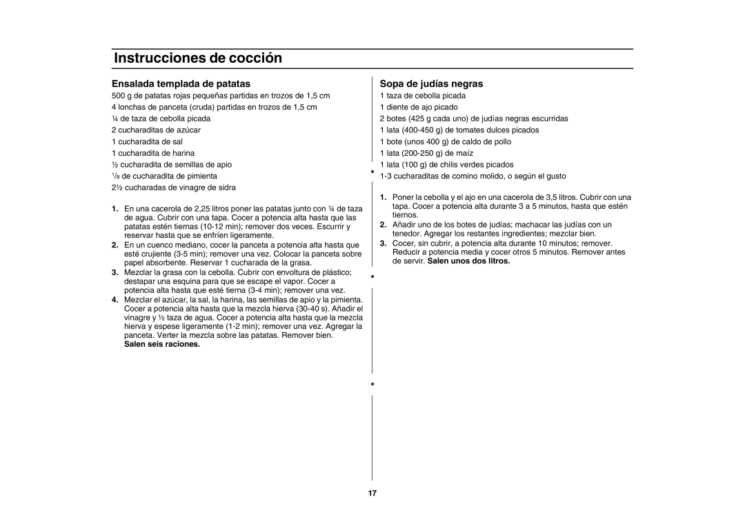 Amana AMC4080AAW, AMC4080AAQ, W10177943 owner manual Ensalada templada de patatas, Sopa de judías negras 