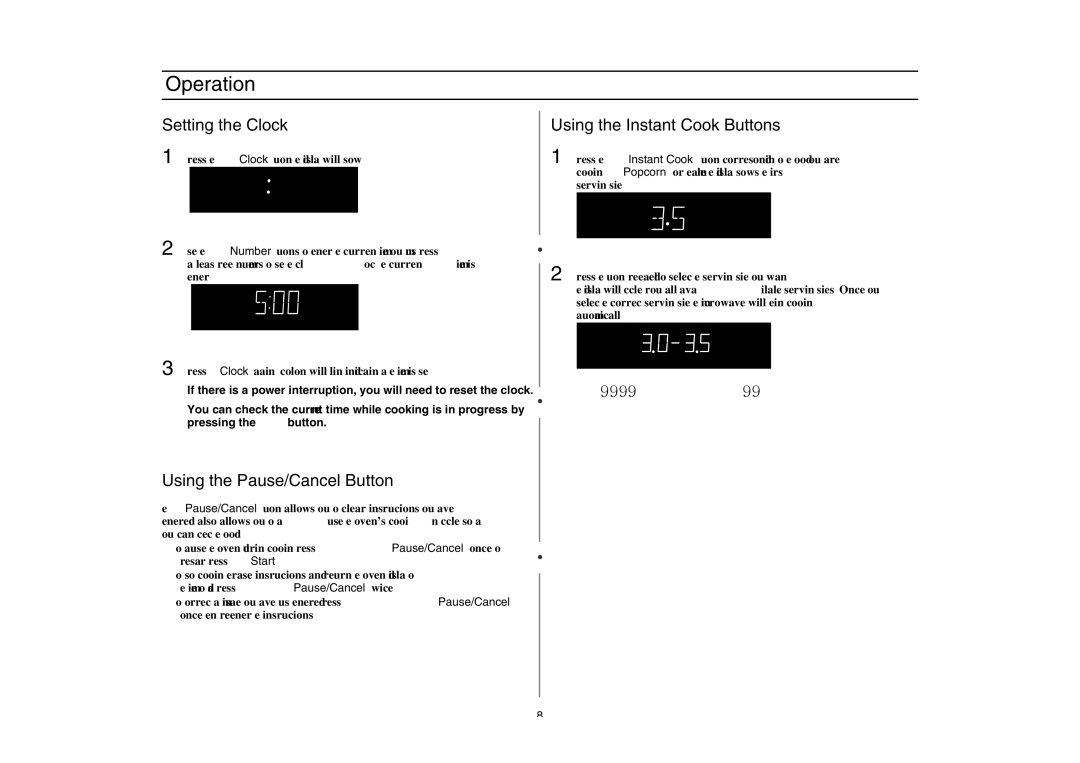 Amana W10177943, AMC4080AAW Operation, Setting the Clock, Using the Instant Cook Buttons, Using the Pause/Cancel Button 