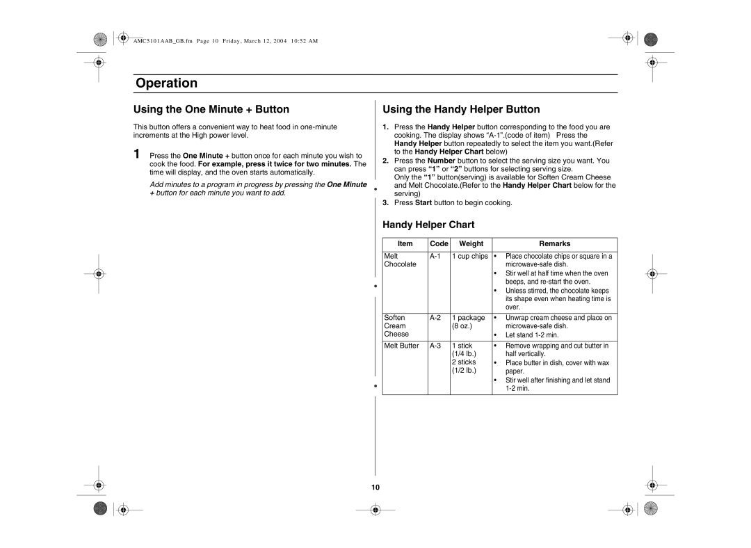 Amana AMC5101AAB/W, AMC5101AAS owner manual Using the One Minute + Button, Using the Handy Helper Button, Handy Helper Chart 