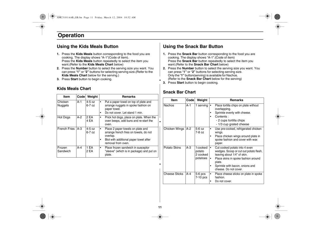 Amana AMC5101AAS, AMC5101AAB/W Using the Kids Meals Button, Using the Snack Bar Button, Kids Meals Chart, Snack Bar Chart 