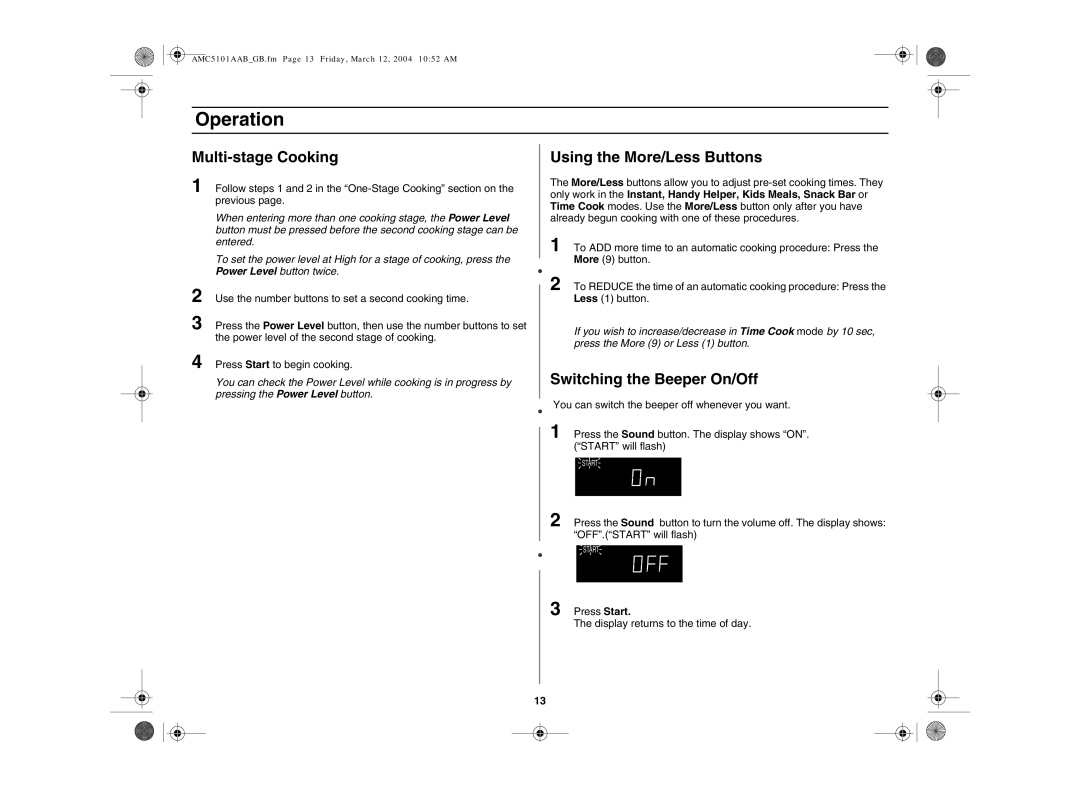 Amana AMC5101AAS, AMC5101AAB/W owner manual Multi-stage Cooking, Using the More/Less Buttons, Switching the Beeper On/Off 