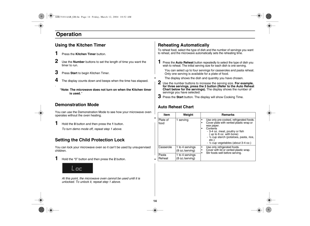 Amana AMC5101AAB/W Using the Kitchen Timer, Demonstration Mode, Setting the Child Protection Lock, Reheating Automatically 