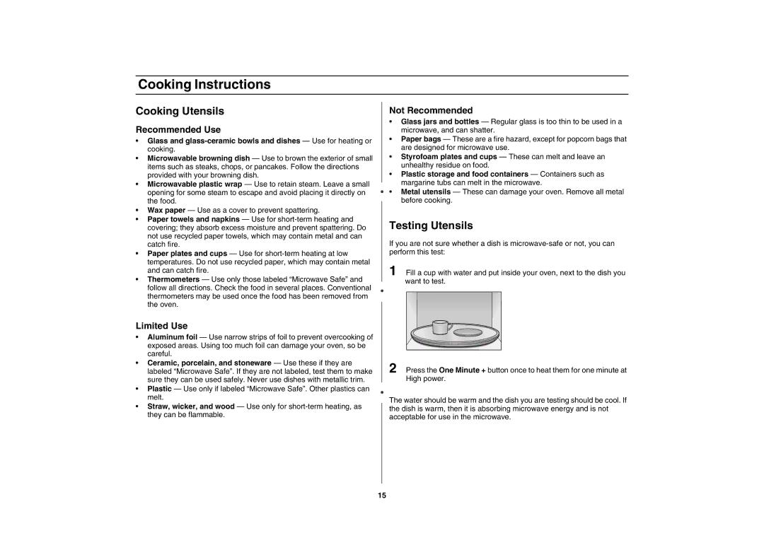 Amana AMC5101AAS, AMC5101AAB/W owner manual Cooking Instructions, Cooking Utensils, Testing Utensils 