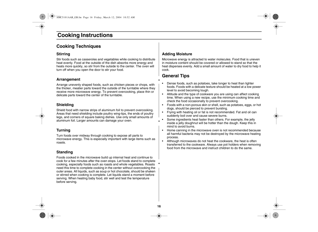 Amana AMC5101AAB/W, AMC5101AAS owner manual Cooking Techniques, General Tips 