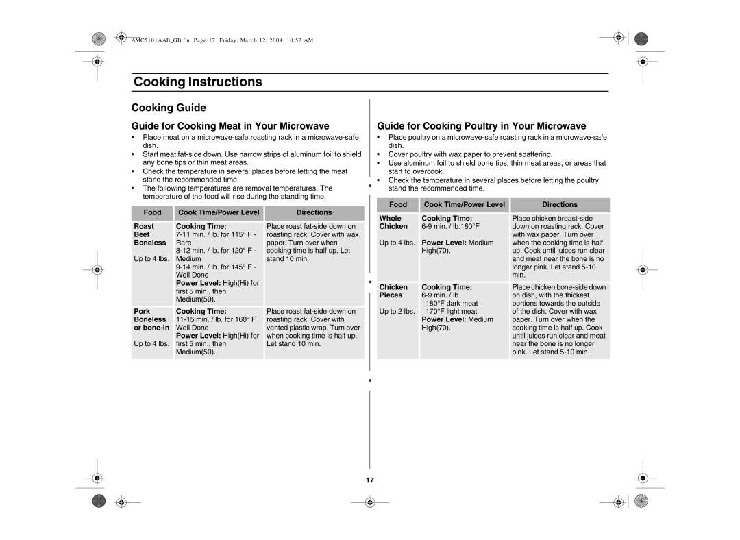 Amana AMC5101AAS Cooking Guide, Guide for Cooking Meat in Your Microwave, Guide for Cooking Poultry in Your Microwave 