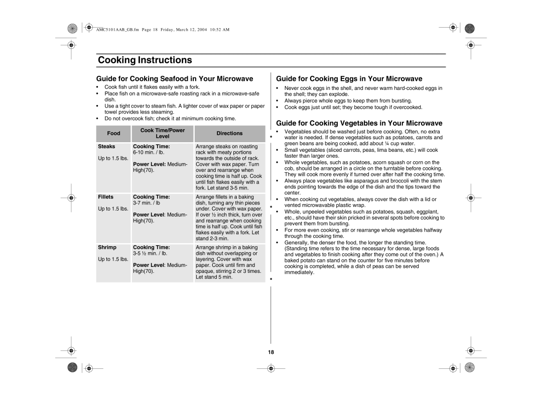 Amana AMC5101AAB/W, AMC5101AAS Guide for Cooking Seafood in Your Microwave, Guide for Cooking Eggs in Your Microwave 