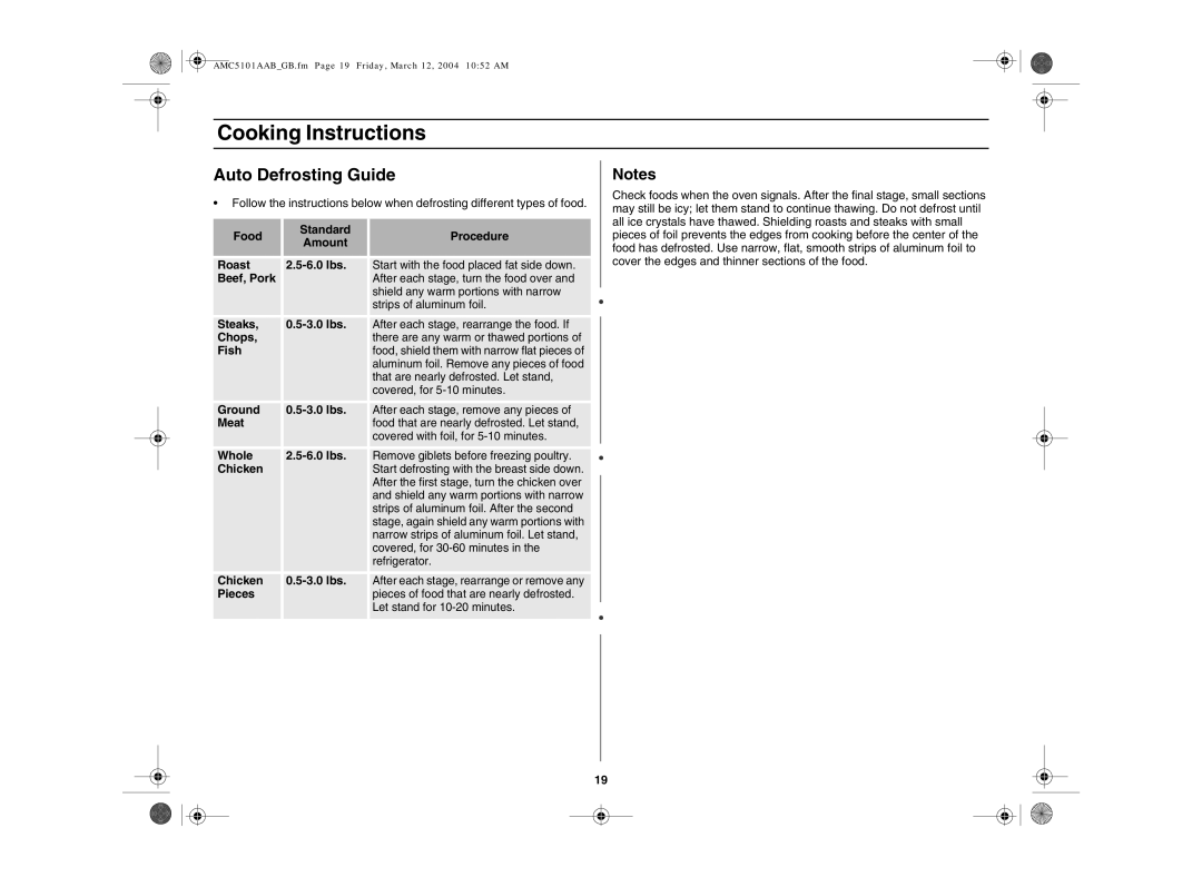 Amana AMC5101AAS, AMC5101AAB/W owner manual Auto Defrosting Guide 