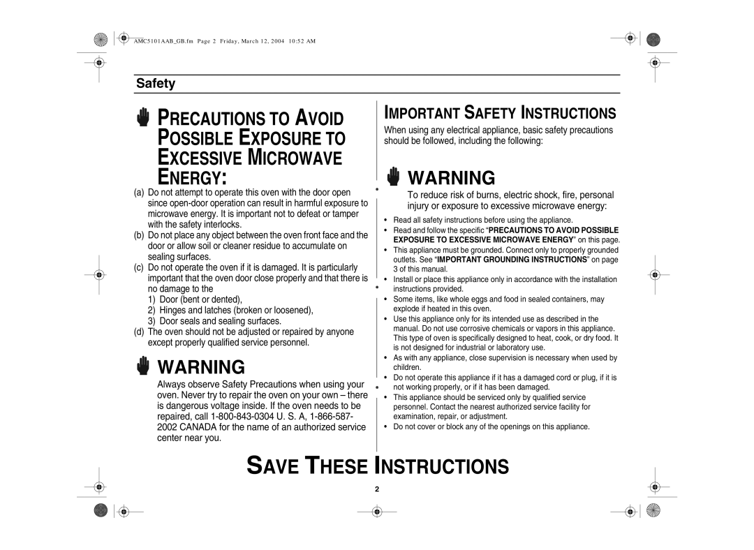 Amana AMC5101AAB/W, AMC5101AAS owner manual Energy, Safety 