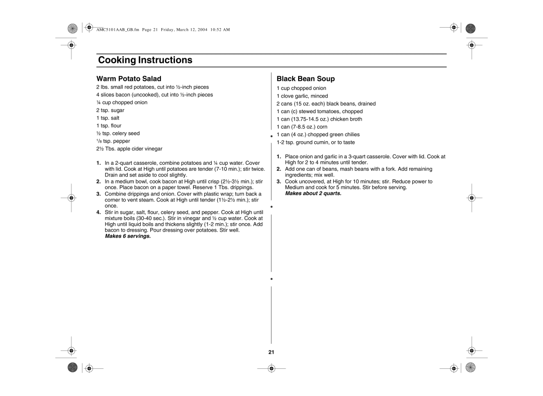 Amana AMC5101AAS, AMC5101AAB/W owner manual Warm Potato Salad, Black Bean Soup 