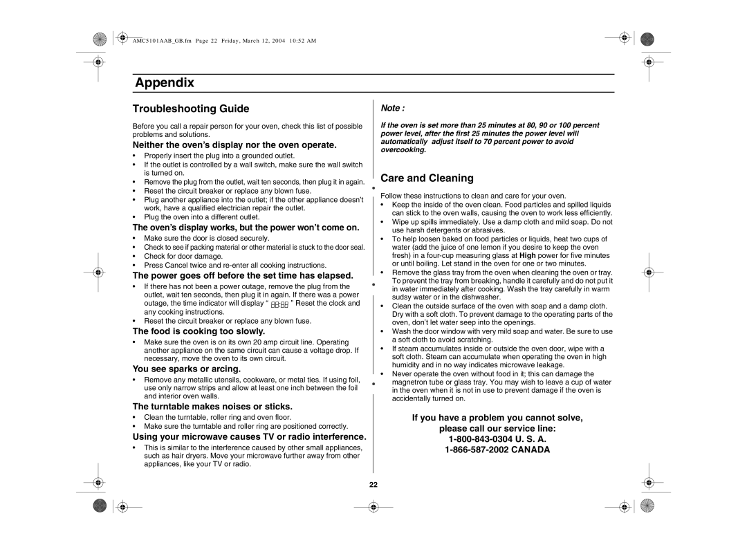 Amana AMC5101AAB/W, AMC5101AAS owner manual Appendix, Troubleshooting Guide, Care and Cleaning 