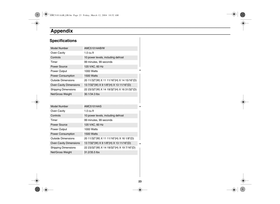 Amana AMC5101AAS, AMC5101AAB/W owner manual Specifications 