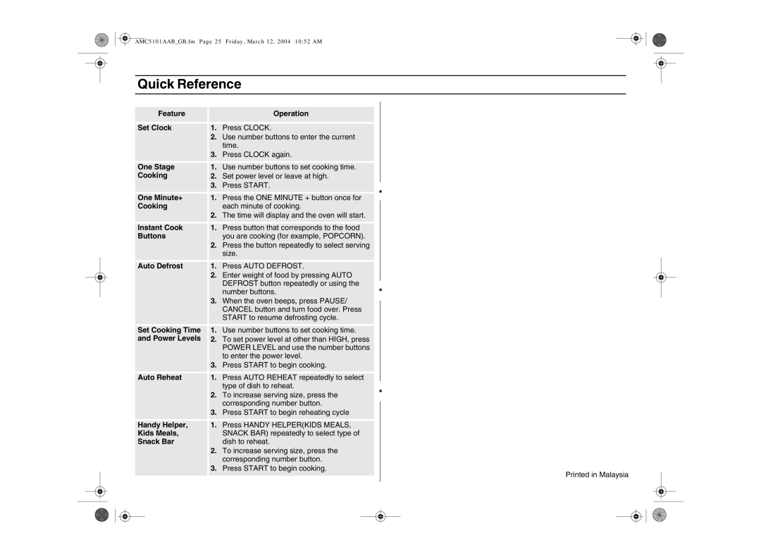 Amana AMC5101AAS, AMC5101AAB/W owner manual Quick Reference 