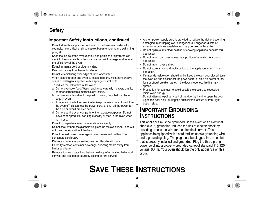 Amana AMC5101AAS, AMC5101AAB/W owner manual Important Grounding Instructions 